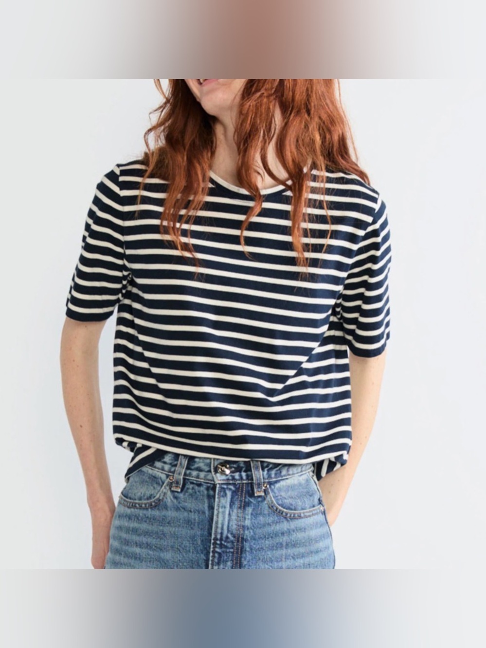 Kule Modern The Stripped Modern Short Sleeve Navy Blue White Tee Classic Large